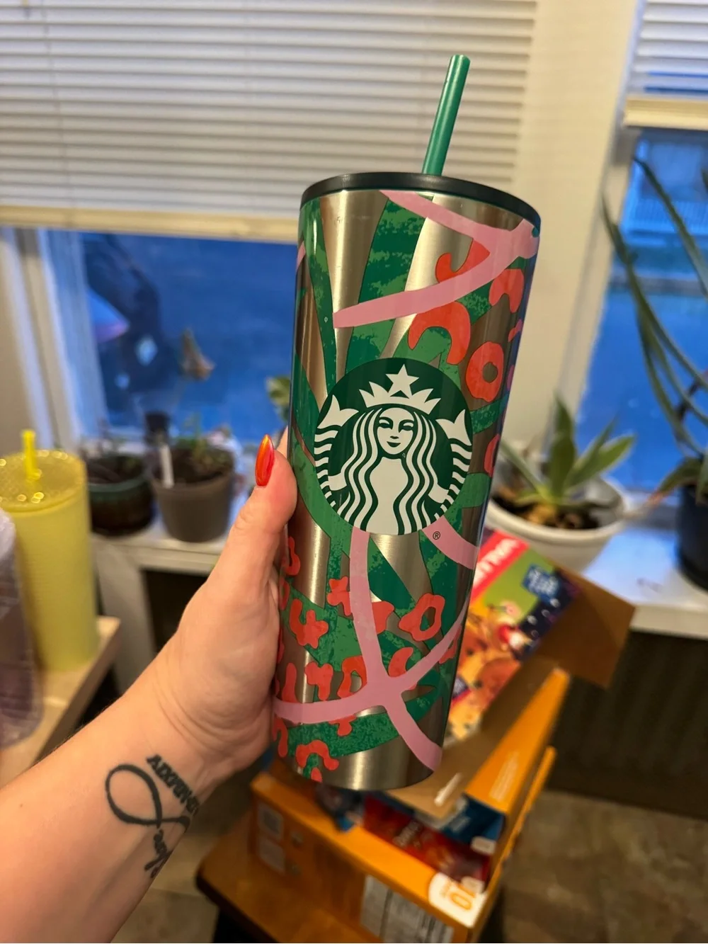 Starbucks Metallic Green Pink Leopard Print Tumbler with Straw